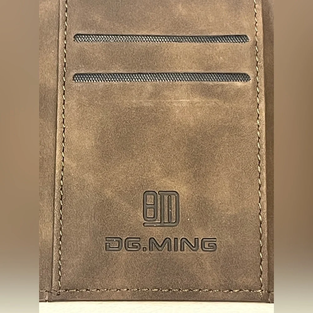 DG.MING Brown Leather Tri-Fold Magnetic Wallet